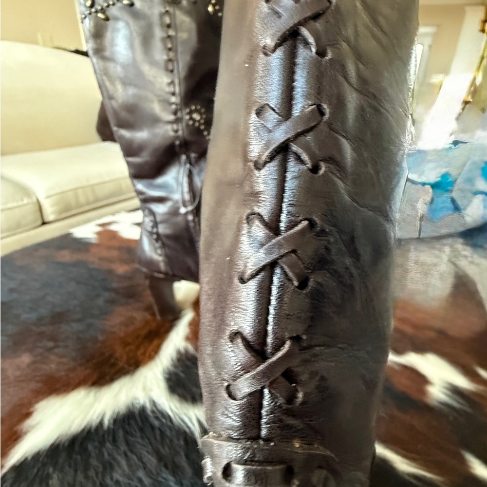 GORGEOUS & RARE LINEA PAOLO LEATHER STUDDED WESTERN BOOTS - SZ 9 - Picture 4 of 13